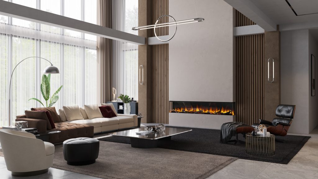 Wohnzimmer mit elegantem Ofen und elektronischem Feuer